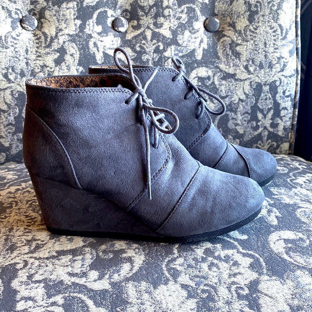 Grey suede ankle wedge boots-like new!